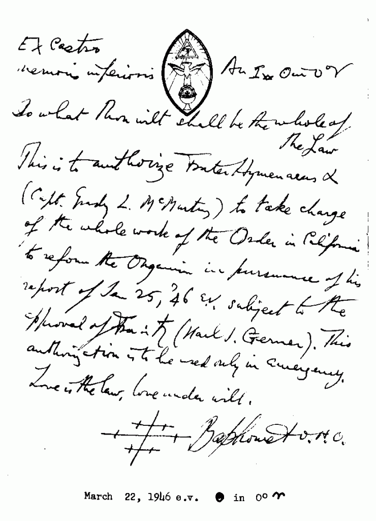 (03/22/1946) Aleister Crowley to Grady McMurtry