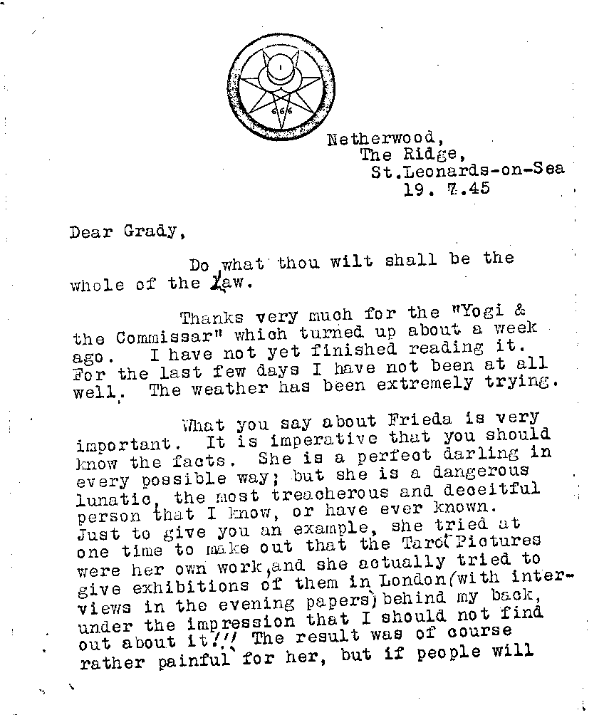 (07/19/1945) Aleister Crowley to Grady McMurtry #1